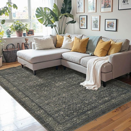Rugxara Washable Area Rug for Living Room, Vintage Boho Rugs for Office, Dining Room, Kids Room, Farmhouse, Durable Low Pile Non Slip Carpet for High Traffic Areas, Moss Brown(4x6 ft)