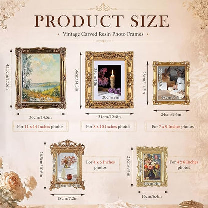 Wonderjune 5 Pcs Large Vintage Picture Frames Set with Glass Front Antique Gold Gallery Wall Frames 11x14, 8x10, 7x9, 4x6, Baroque for Home Decor Photography Props Gifts, Wall or Tabletop