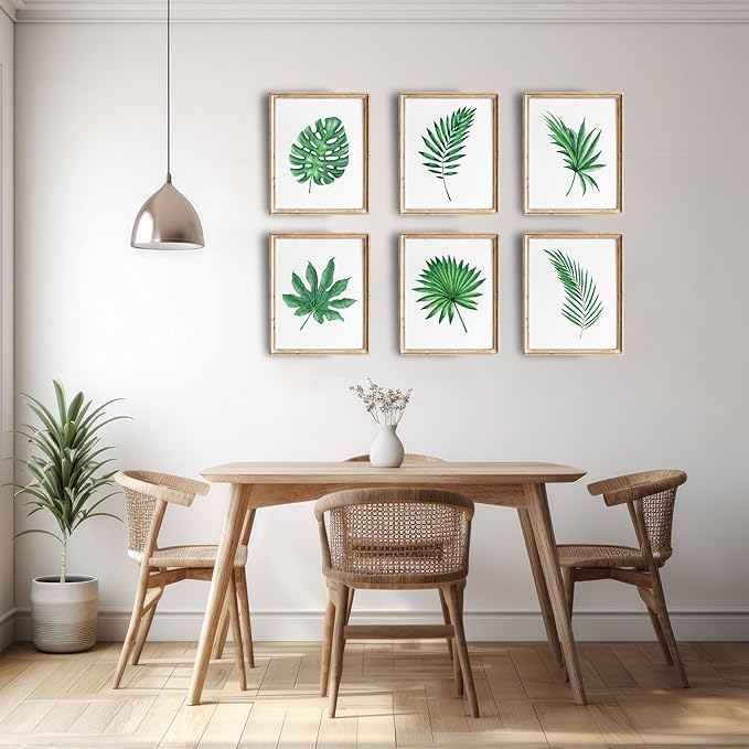 DREAM BIG PRINTABLES Tropical Leaves Wall Art Prints (Set of 6) - Botanical, Vintage, Aesthetic - Unframed 8x10s - Green Leaf Pattern - Indoor, Kitchen, Living Room