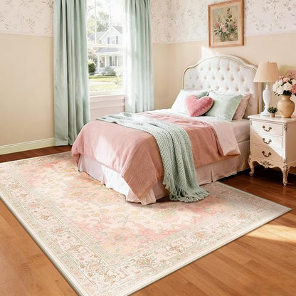 CAPALOCA Machine Washable Rugs Nursery Rug 8x10 Cute Girl Non Slip Low Pile Water Repellent Soft Print Pattern for Bedroom Indoor Decor Kids Playroom Pink Green
