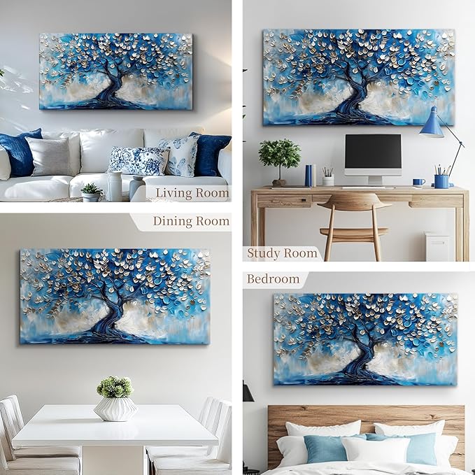 crmotu Tree of Life Large Wall Art for Living Room, Blue Tree Canvas Decor Paintings Abstract Art Prints, Neutral Navy Blue Pictures Wall Decor for Bedroom Bathroom Office Modern Home Decor 29"X57"