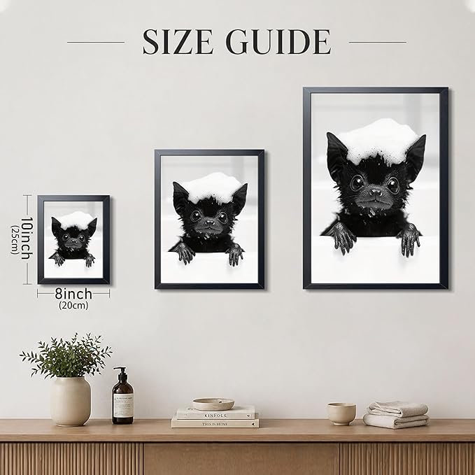 Funny Bat Bathroom Wall Art, Black and White Cute Animal Canvas Print Poster, Gothic Farmhouse Bat Wall Decor Painting, Humorous Halloween Restroom Picture Home Decoration 8x10 Inch Framed