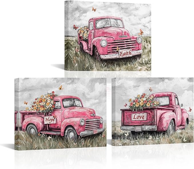 sechars Truck Wall Art Canvas Vintage Farmhouse Decor Faith Hope Love Floral Painting Prints (Pink)