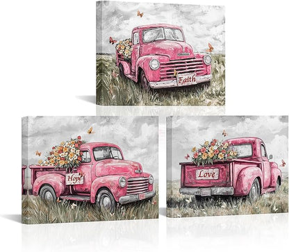 sechars Truck Wall Art Canvas Vintage Farmhouse Decor Faith Hope Love Floral Painting Prints (Pink)