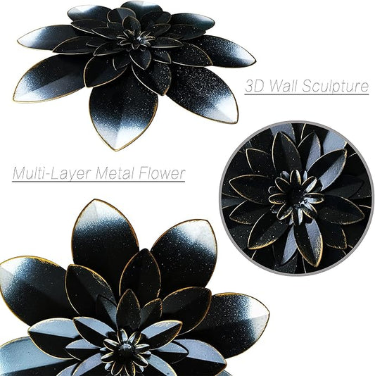 Black Metal Flower Wall Art Decor, 9.5“ Rustic Modern Floral Sculpture, Distressed Hanging Home Decoration Accent Artworks for Indoor Bedroom Living Room Office Outdoor Garden Patio