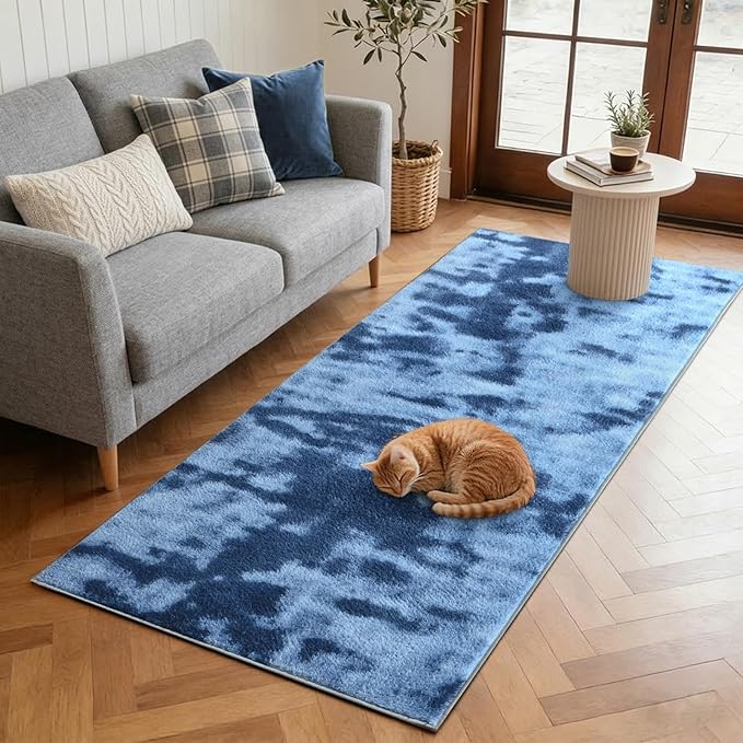 FinRèc 2x6 Washable Runner Rugs for Kitchen Hallway Bedroom, Low Pile Thin Ultra Soft Shag Rug, Non-Slip Carpet Indoor for Home Decor (Tie-dye Teal)