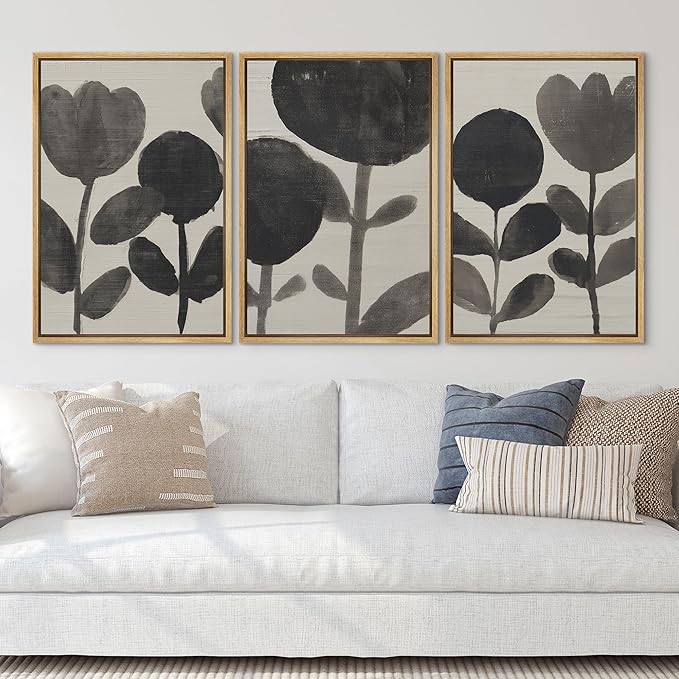 SIGNLEADER Framed Canvas Print Wall Art Set Black Ink Floral Silhouette Neutral Illustrations Minimal Decorative Bohemian Nordic for Living Room, Bedroom, Office - 16"x24"x3 NATURAL