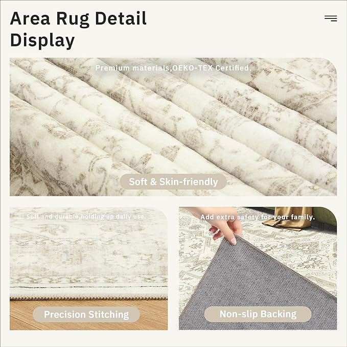 Soalmost 5x8 Area Rugs Beige/Brown Low Pile Indoor Washable Trendy Faded Style Rugs for Bedroom Living Room Dining Room Foldable Non-Slip Thin Print Home Office Mat