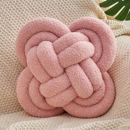 Knot Pillow, 12" Soft Decorative Throw Pillows for Couch Bed, Gray Pink Knotted Plush Throw Pillow Handmade Square Cushion Home Decor Pillows (Gray Pink, 12 Inches X12 Inches)
