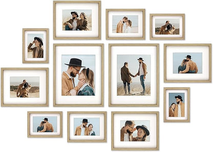 12 Pack Shadow Box Style Gallery Wall Frame Set - Rustic Photo Frame Set with Mat for 8x10, 5x7 and 4x6 - Multiple Sizes Picture Frame Set for Wall Collage–Farmhouse Assorted Deep Picture Frames(Oak)