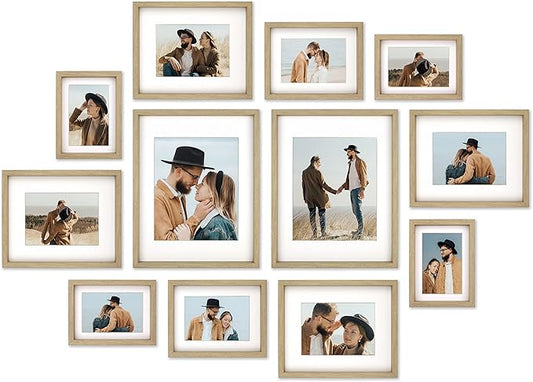 12 Pack Shadow Box Style Gallery Wall Frame Set - Rustic Photo Frame Set with Mat for 8x10, 5x7 and 4x6 - Multiple Sizes Picture Frame Set for Wall Collage–Farmhouse Assorted Deep Picture Frames(Oak)
