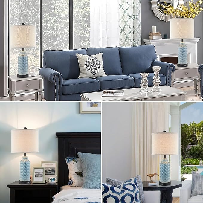 Cinkeda Ceramic Table Lamps for Bedroom Set of 2,Touch Lamp with USB Ports for Nightstand, 3-Way Dimmable Blue Coastal Bedside Lamps for Bedroom Living Room End Table Side Table(Bulbs Included)