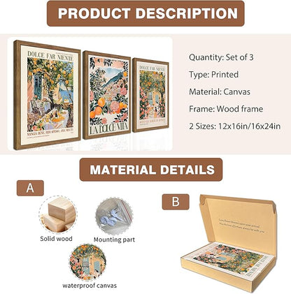 Framed Italian Scenery Wall Art Set of 3, Amalfi Coast Kitchen Wall Art, Vintage City Landscape Canvas Print, Trendy Italian Food Pictures Artwork for Living Room Dining Room – 16x24 inch