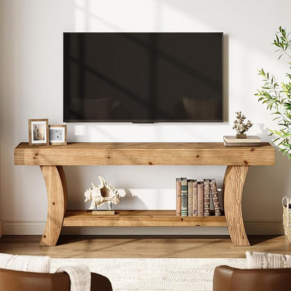 63" Solid Wood TV Stand for 55/60/65/75" TVs, Farmhouse TV Console, Low Entertainment Center with Storage for Living Room, Bedroom