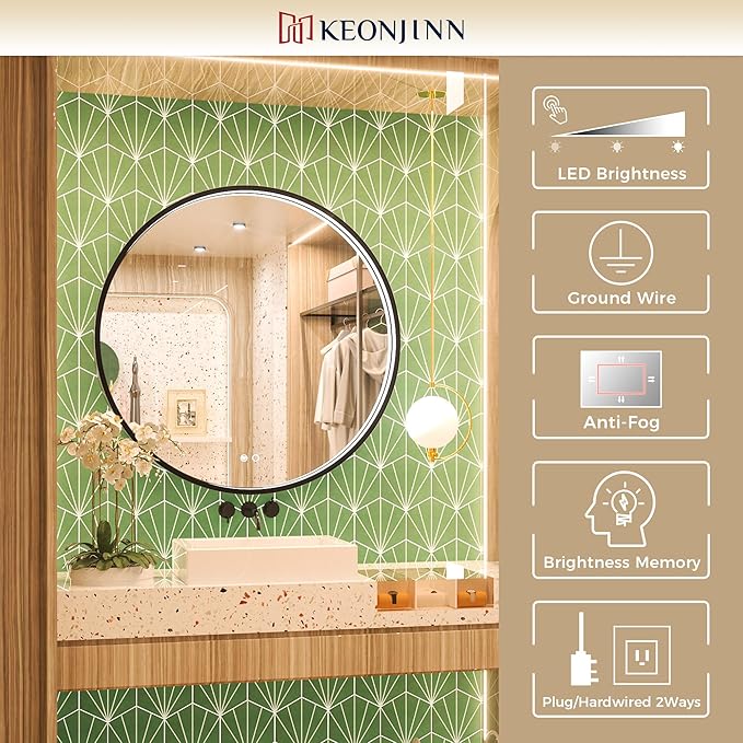 Keonjinn 36 LED Round Mirror for Vanity, 3 Color Temperature Lights 3000K/4500K/6000K Wall Mounted Bathroom, Round Mirror Black Framed Dimmable Lighted Circular Mirrors with Anti-Fog UL Listed CRI≥90