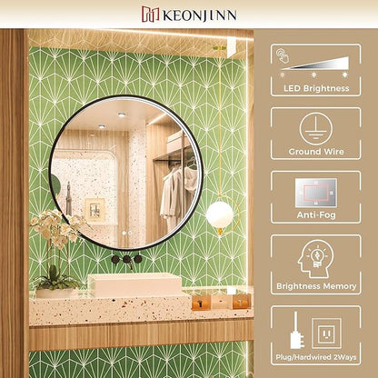 Keonjinn 36 LED Round Mirror for Vanity, 3 Color Temperature Lights 3000K/4500K/6000K Wall Mounted Bathroom, Round Mirror Black Framed Dimmable Lighted Circular Mirrors with Anti-Fog UL Listed CRI≥90