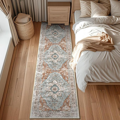 BESTSWEETIE 2x8 Area Rug Washable Rugs for Living Room, No Pile Boho Carpet for Entryway Bedroom Dinning Room, Vintage Carpet Print Distressed Non-Slip, 2 x 8 ft, Green Brick Rust Red