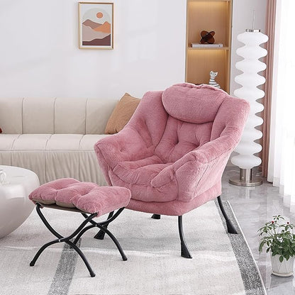 MBOOYOME Lazy Chair with Folding Ottoman, Modern Accent Armchair with Armrests and a Side Pocket & Foldable Footstool, Reading Chair for Living Room, Bedroom & Dorm, Plush Dark Pink