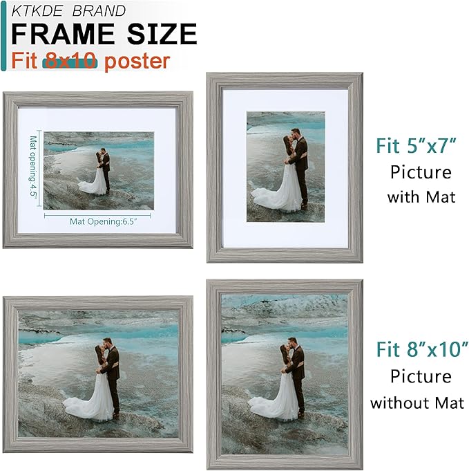 KTKDE 8x10 Picture Frame Real Glass, Display Pictures 5x7 with Mat or 8x10 Without Mat, Modern Style Wood Composite Frame, Gallery Wall Grey Frame & Table Top Display，best gift