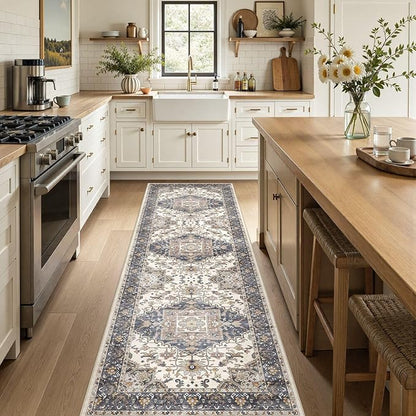 Washable 3x8 Runner Rugs: Non Slip Vintage Blue Beige Area Rugs for Living Room, Large Soft Stain Resistant Indoor Floor Carpets for Bedroom Dining Room Nursery Home Office Kid & Pet Friendly