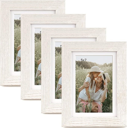 Momentworth 5x7 Picture Frame with Mat for 4x6, Rustic White Wood Grain 5 x 7 Gallery Wall Picture Frames for Tabletop or Wall Mounting(4 Pack, White)