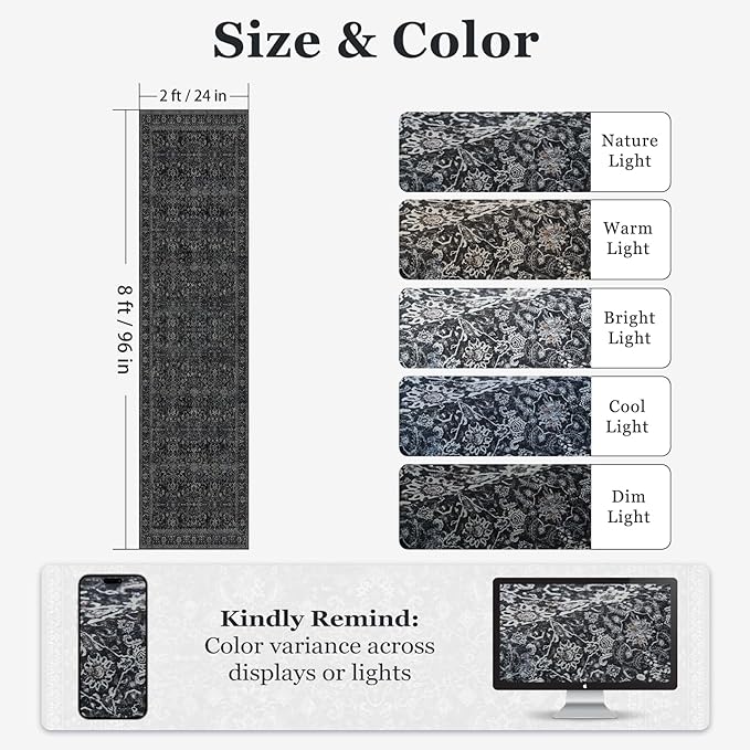 Dark 2x8 Kitchen Runner, Washable Non Slip Runner Rug for Hallway Entryway, Lightweight Ultra Thin Low Pile Carpet Runner for Bathroom/Mudroom/Corridor/Laundry Room, Vintage Farmhouse Midnight