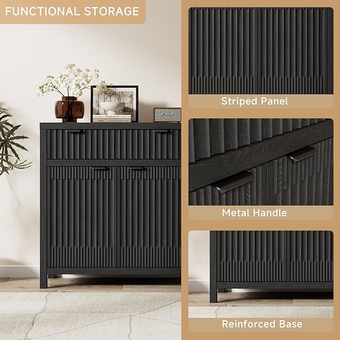 Fatmok Fluted Buffet Cabinet with Storage, 34" Tall Modern Arched Sideboard Cabinet w/AdjustableShelves,Wooden Modular Coffee Bar for Dining Room, Kitchen, Living Room, Entryway, Black