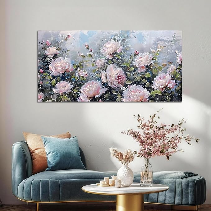 Enartly Pink Flower Wall Art Large Living Room Bedroom Wall Decor Rose Canvas Painting Floral Picture Bloosom Textured Green Modern Artwork Framed for Bathroom Kitchen Home Office Decoration, 58"x29"