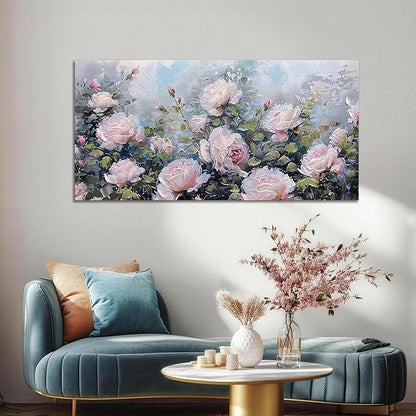 Enartly Pink Flower Wall Art Large Living Room Bedroom Wall Decor Rose Canvas Painting Floral Picture Bloosom Textured Green Modern Artwork Framed for Bathroom Kitchen Home Office Decoration, 58"x29"