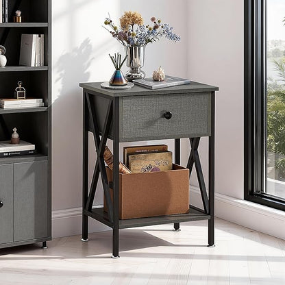 VECELO Nightstand,Modern Bedside End Tables, Night Stand with Drawer and Storage Shelf for Living Room Bedroom, Industrial Metal Frame