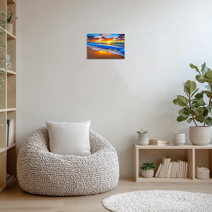TutuBeer 1 Panel Beach Pictures Blue Sea White Beach at Sunrise Picture Print on Canvas Ocean Pictures Wall Decor Ocean Canvas Art Seascape Wall Art Stretched and Framed 16x24 inch