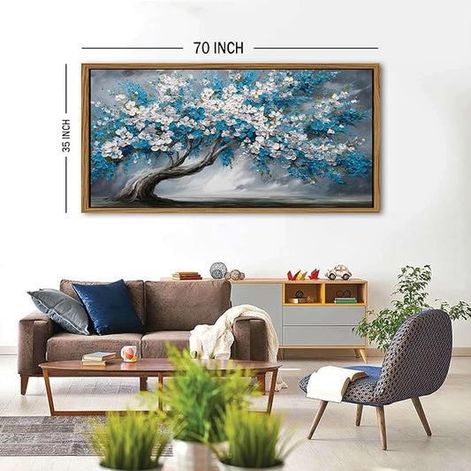 Vintage Tree of Life Wall Art Extra Large Framed Wall Decor Blue White Daisy Flower Canvas Prints Contemporary Artwork Abstract Botanical Floral Picture for Living Room Bedroom Home Decoration 35x70