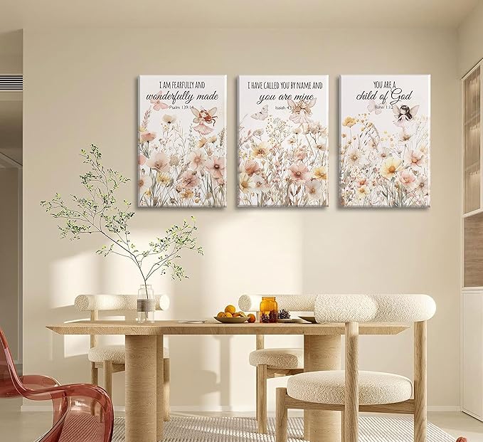 3Pcs Christian Nursery Canvas Wall Art Wildflower Bible Verse Painting Vintage Flower Scripture Pictures Wall Decor Butterfly Girl Floral Posters Prints for Girls Baby Room Living Bedroom Framed
