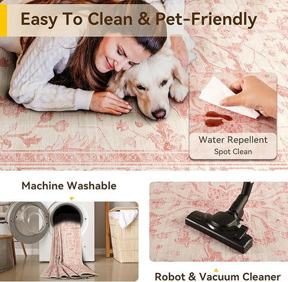 RELEANY Area Rugs 2'x8' Runner Rug Non Slip Washable for Kitchen Hallway Bedroom Beside Laundry Room Bathroom Rug, Floor Carpet, Pink Light Vintage Pink