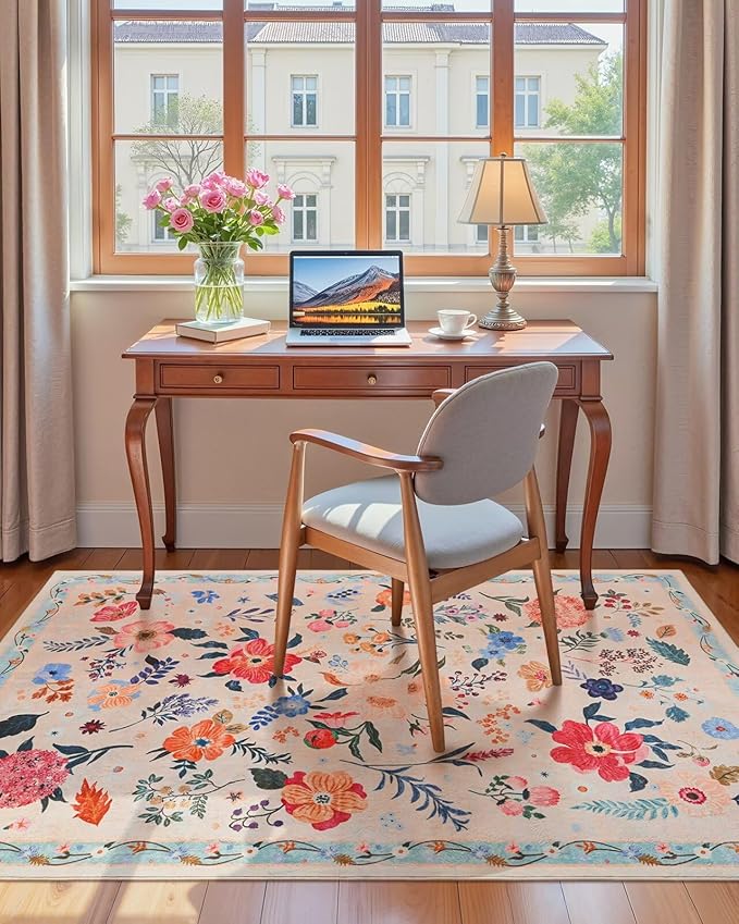 Macgace 3x5 Floral Rug for Girls Bedroom, Machine Washable Area Rugs with Non Slip Backingfor Living Room, Cute Flowers Carpet Kitchen Dining Room Kids Playroom Decor, Peach White