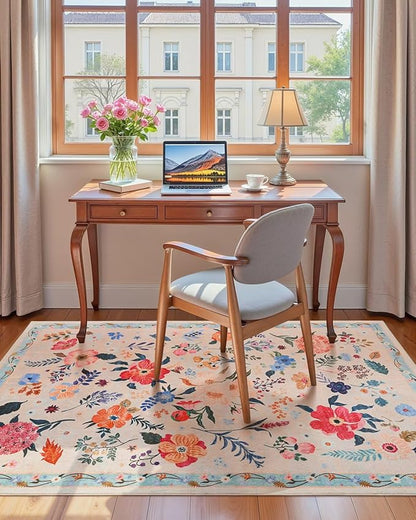Macgace 3x5 Floral Rug for Girls Bedroom, Machine Washable Area Rugs with Non Slip Backingfor Living Room, Cute Flowers Carpet Kitchen Dining Room Kids Playroom Decor, Peach White