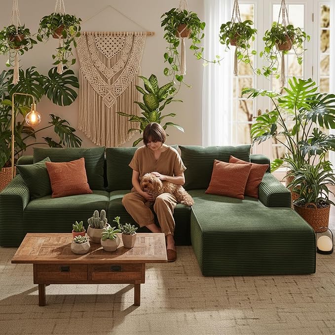 Homkdom L-Shaped Cloud Boneless Couch with Deep Seat, Modular Sectional Sofa with Oversized Chaise, 6 Layouts Combination for Living Room, Apartment, No Assembly (Green, Right Facing Chaise)