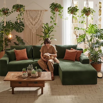 Homkdom L-Shaped Cloud Boneless Couch with Deep Seat, Modular Sectional Sofa with Oversized Chaise, 6 Layouts Combination for Living Room, Apartment, No Assembly (Green, Right Facing Chaise)