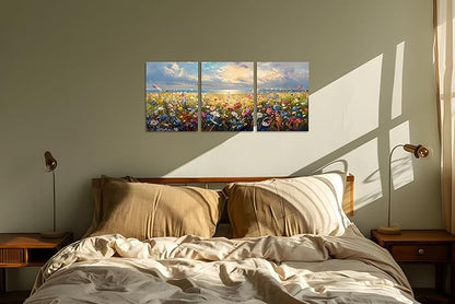 TutuBeer 3 Pcs Wildflower Field Artwork Rustic Wildflower Field at Beach Vintage Wall Art Canvas Prints Wild Flower Wall Art Rustic Style Kitchen Office Farmhouse Bathroom Decor 16x32inchx3