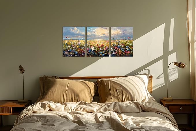 TutuBeer 3 Pcs Wildflower Field Artwork Rustic Wildflower Field at Beach Vintage Wall Art Canvas Prints Wild Flower Wall Art Rustic Style Kitchen Office Farmhouse Bathroom Decor 16x24inchx3