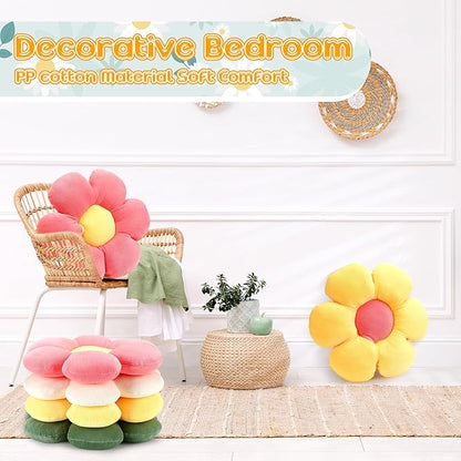 Coume 4 Pcs Flower Pillows 15" Plush Flower Shaped Pillows Daisy Floor Throw Cute Seat Cushion for First Day of School Bed Sofa Couch Chair Office Room Back to School Classroom Decor(Bright Colors)
