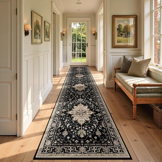 RELEANY Area Rugs 2'6"x12' Runner Rug Non Slip Washable for Kitchen Hallway Bedroom Beside Laundry Room Bathroom Rug, Floor Carpet, Black Brown Neutral Dark Tan