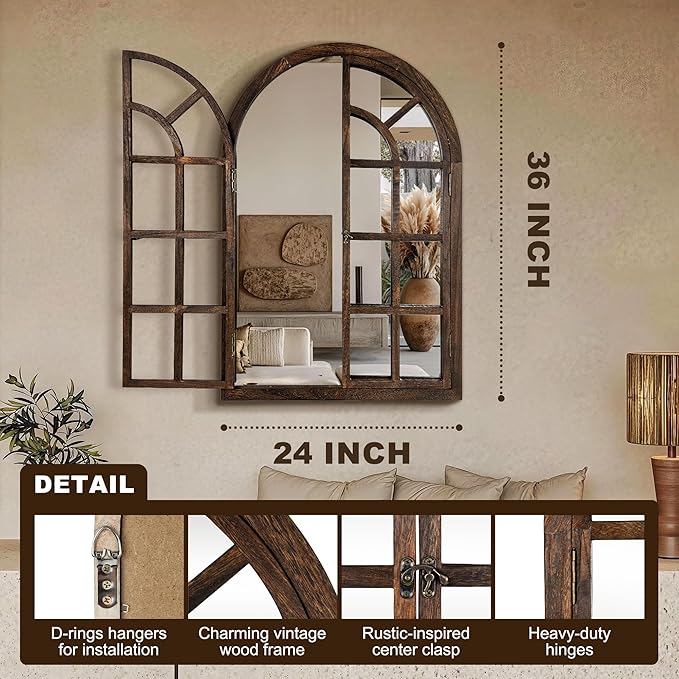 Arched Wall Mirror with Wood Window Frame, 36x24 Vintage Rustic Arch Farmhouse Mirror for Wall, Living Room, Bedroom, Entryway(Brown)