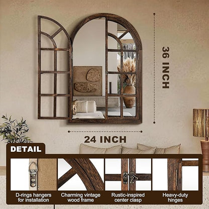 Arched Wall Mirror with Wood Window Frame, 36x24 Vintage Rustic Arch Farmhouse Mirror for Wall, Living Room, Bedroom, Entryway(Brown)