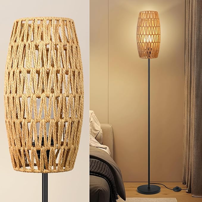 Ruiever Floor Lamp for Living Room,Farmhouse Floor lamp,Modern Standing lamp with Hand-Worked Rattan Shade (Drum Rattan Shade Black Body Color-3 Color Bulb)