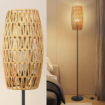 Ruiever Floor Lamp for Living Room,Farmhouse Floor lamp,Modern Standing lamp with Hand-Worked Rattan Shade (Drum Rattan Shade Black Body Color-3 Color Bulb)
