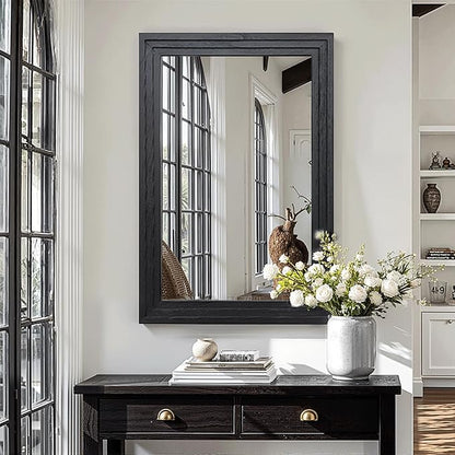 Wood Framed Mirrors for Wall, Black Bathroom Vanity Mirror for Over Sink 24 x 36, Vintage Wall Mirror for Bathroom Sink Hallway Entryway Bedroom Living Room Farmhouse Boho Style