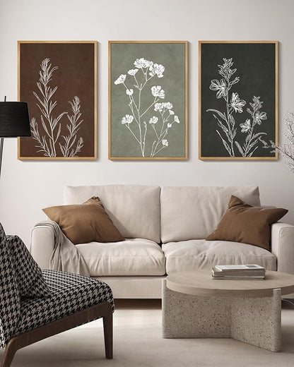 Drsoum Flower Wall Art Vintage Floral Minimalist Wall Hanging Decor Farmhouse Colorful Botanical Prints Artwork for Bedroom Living Room Hallway 24x36in Natural Framed