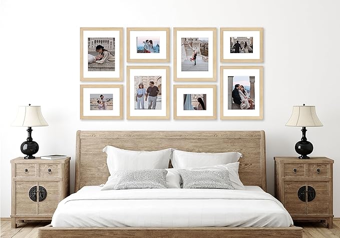 VELISTA 8 Piece Large Rectangle Gallery Wall Frame Set - Rustic Photo Frame Set with Mat 5x7/8x10 - Picture Frame Set for Wall Collage made of Composite Wood – Farmhouse Assorted Picture Frames(Oak)