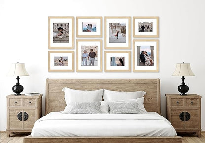 VELISTA 8 Piece Large Rectangle Gallery Wall Frame Set - Rustic Photo Frame Set with Mat 5x7/8x10 - Picture Frame Set for Wall Collage made of Composite Wood – Farmhouse Assorted Picture Frames(Oak)